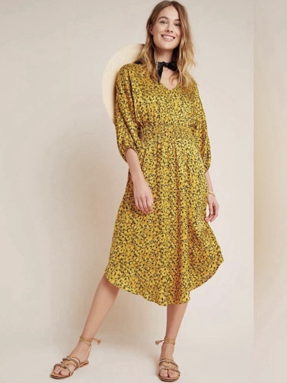Anthropologie Marigold Yellow Floral Smocked Midi Dress - Small